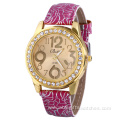 Vein Strap Rhinestone Leather Quartz Watch